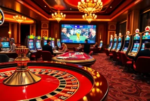 Experience the thrill of แทงบอลโลก at an upscale casino with vibrant gambling action.