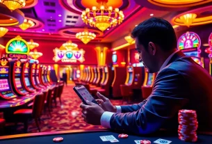 Experience the thrill of ph365 register with an exciting casino scene featuring vibrant slot machines and poker chips.