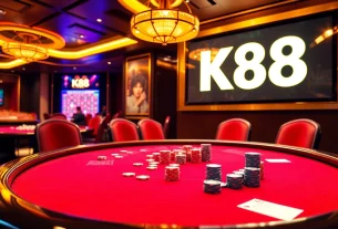 Experience an exciting poker game at K88 with vibrant chips and an illuminated roulette wheel.
