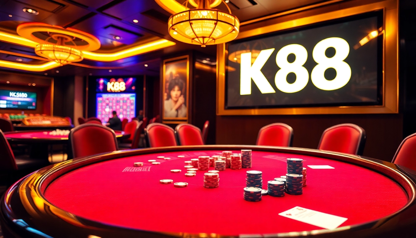 Experience an exciting poker game at K88 with vibrant chips and an illuminated roulette wheel.