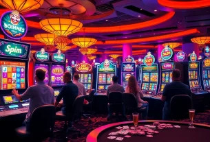 Players winning on slot machines in a vibrant, luxurious casino environment.
