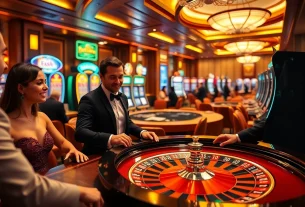 Thrilling casino scene featuring players engaging with Ketquaxoso games at roulette and slot machines.