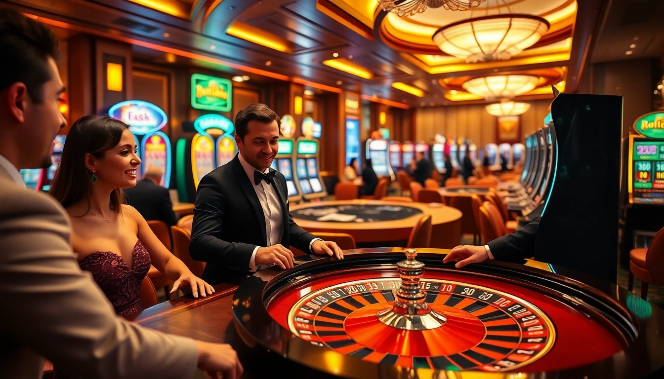 Thrilling casino scene featuring players engaging with Ketquaxoso games at roulette and slot machines.
