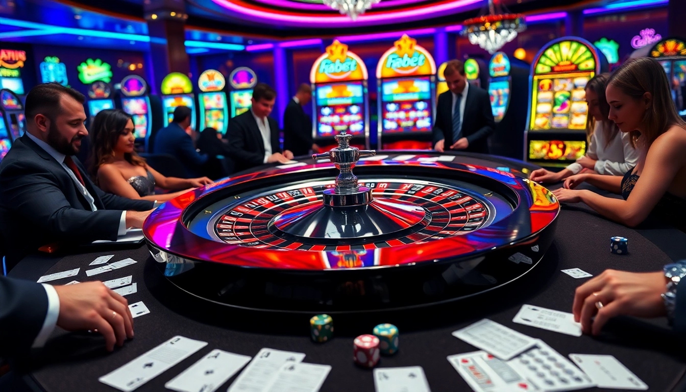 Exciting scene at F8bet casino with roulette table, vibrant cards, and enthusiastic players.