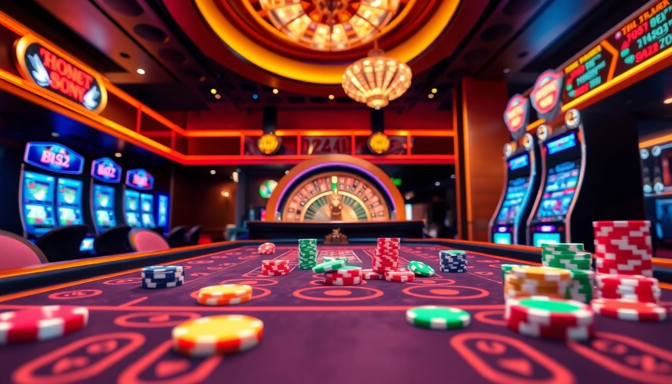 B52 game setup with vibrant casino elements, poker chips, and roulette for thrilling gambling experience.