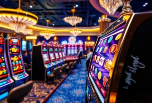 Spin the vibrant slot machine among luxury casino elements, showcasing thrilling gaming action and excitement.