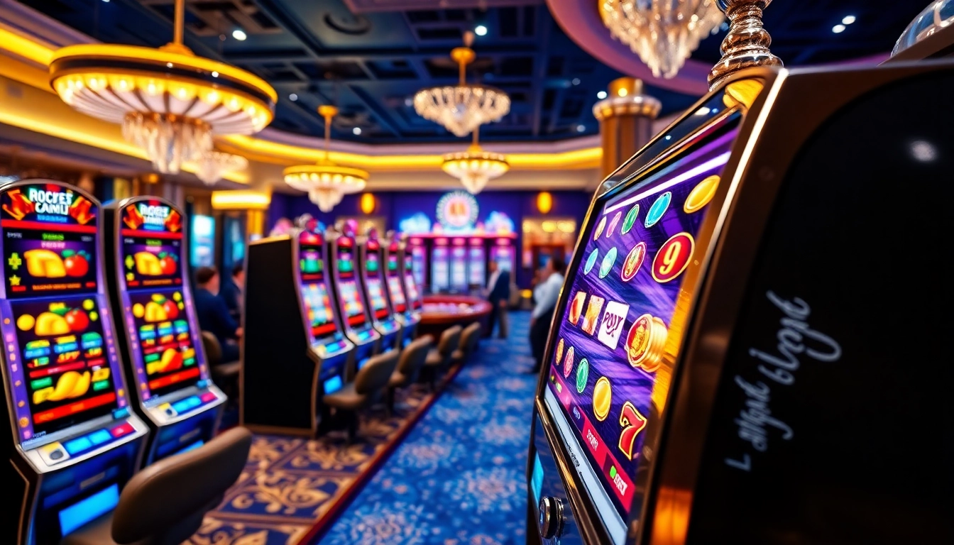 Spin the vibrant slot machine among luxury casino elements, showcasing thrilling gaming action and excitement.