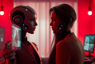 Engaging AI chat porn scenario with interactive characters in a warm, modern setting.