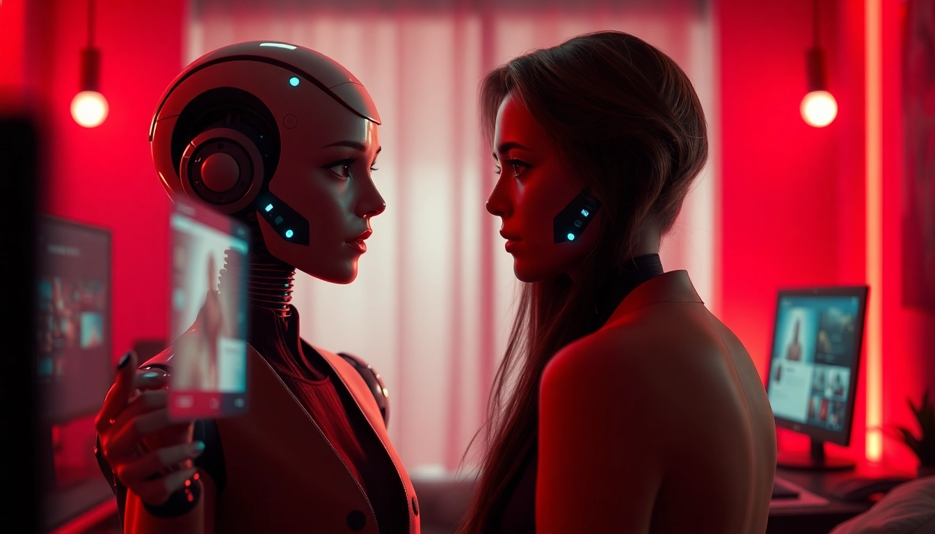 Engaging AI chat porn scenario with interactive characters in a warm, modern setting.
