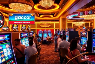 Excited players engaging with slot gacor machines in a luxurious casino setting.